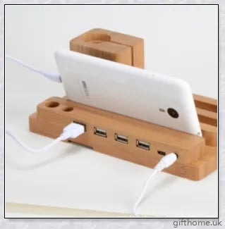 Bamboo mobile and watch holder for smartphones, tablets, and smartwatches - a sophisticated British-made tech accessory.