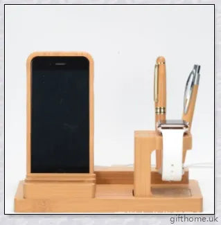 Bamboo mobile and watch holder for smartphones, tablets, and smartwatches - a sophisticated British-made tech accessory.