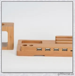 Bamboo mobile and watch holder for smartphones, tablets, and smartwatches - a sophisticated British-made tech accessory.