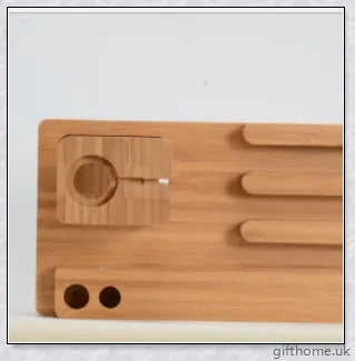 Bamboo mobile and watch holder for smartphones, tablets, and smartwatches - a sophisticated British-made tech accessory.