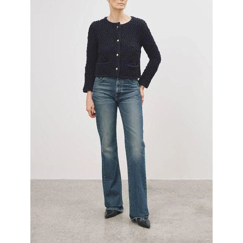 Elegant O-Neck Knitted Cardigan for Women in beige and navy blue colours, featuring a classic single-breasted silhouette and convenient front pockets