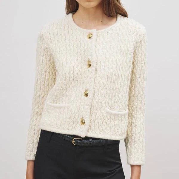 Elegant O-Neck Knitted Cardigan for Women in beige and navy blue colours, featuring a classic single-breasted silhouette and convenient front pockets