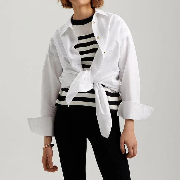 Elegant black and white striped knit t-shirt with a slim, flattering fit, perfect for summer in the UK