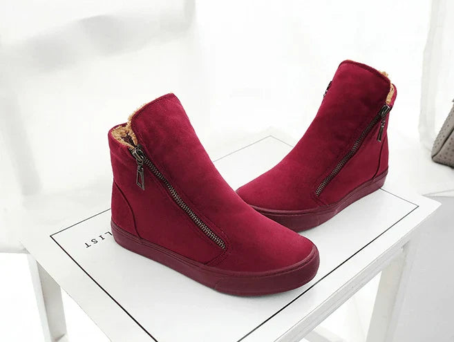Plus velvet warm short tube cotton boots in various colours with a side zip closure and a durable rubber outsole