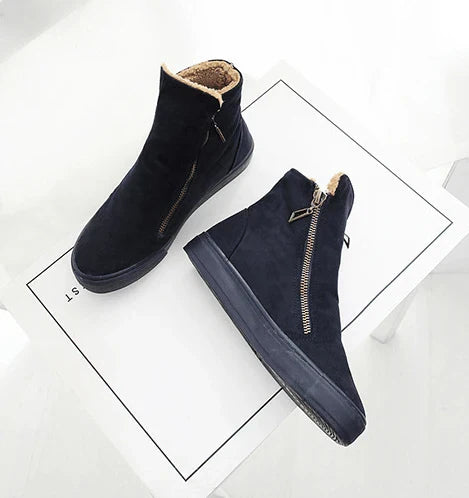 Plus velvet warm short tube cotton boots in various colours with a side zip closure and a durable rubber outsole