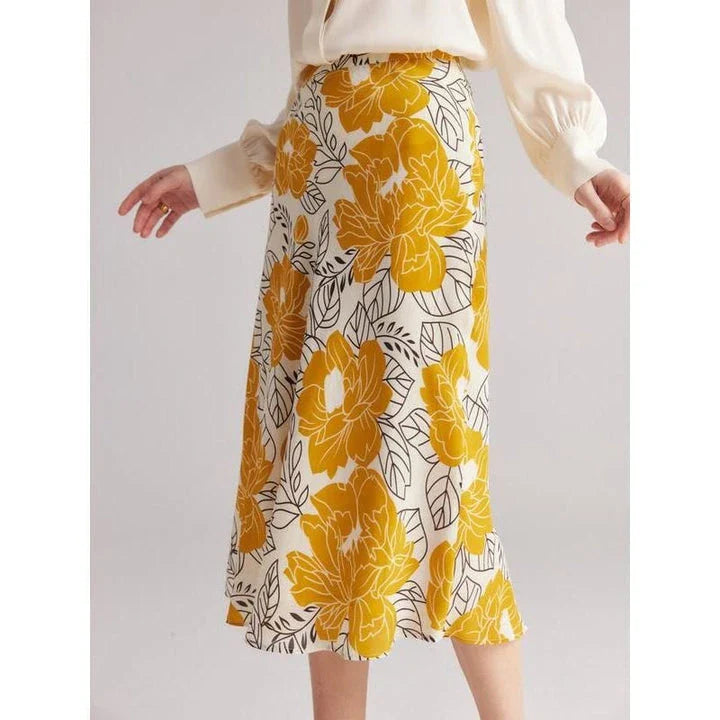 Floral A-Line Silk Skirt in Vibrant Yellow with Delicate Floral Pattern