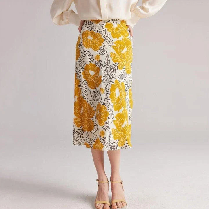 Floral A-Line Silk Skirt in Vibrant Yellow with Delicate Floral Pattern