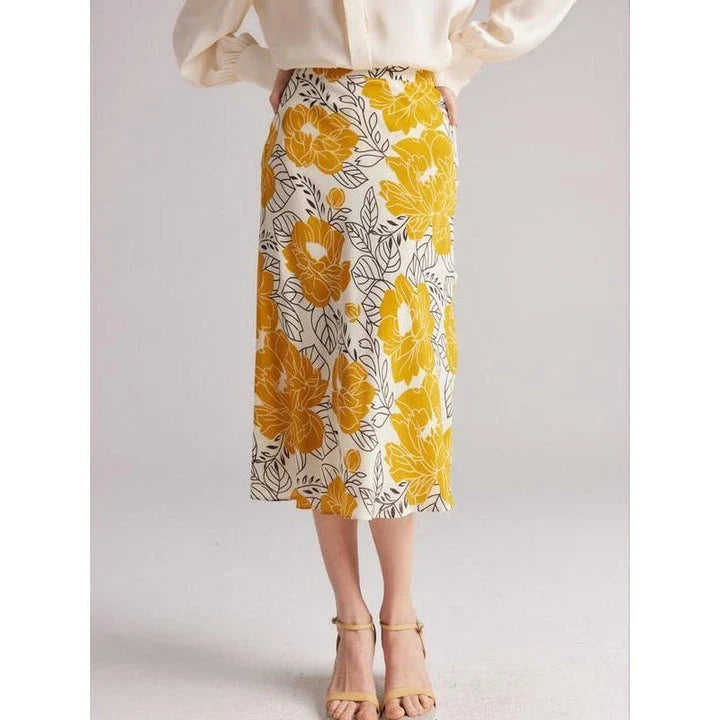 Floral A-Line Silk Skirt in Vibrant Yellow with Delicate Floral Pattern