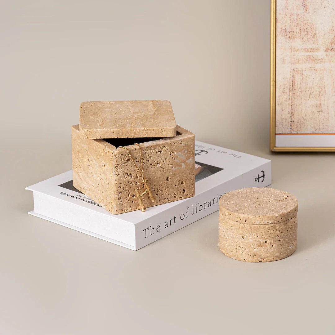 Beige natural travertine stone storage box with lid, featuring a sleek, square design and Scandinavian-inspired aesthetic