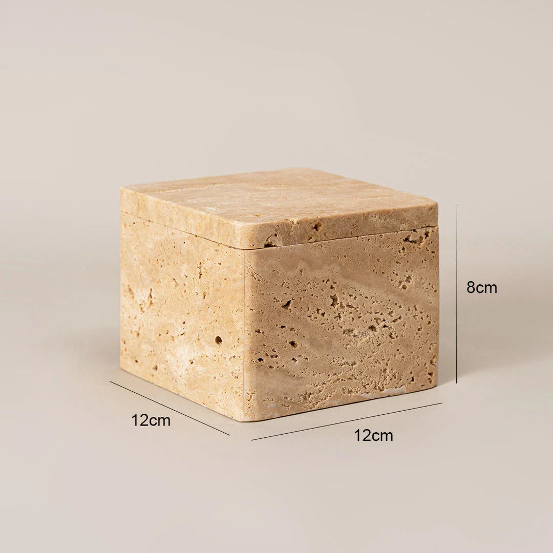 Beige natural travertine stone storage box with lid, featuring a sleek, square design and Scandinavian-inspired aesthetic