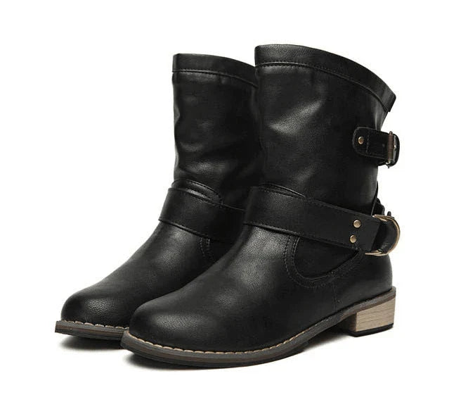 European and American round head low heel boots in black and brown colours, showcasing a classic and comfortable design