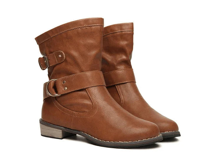 European and American round head low heel boots in black and brown colours, showcasing a classic and comfortable design