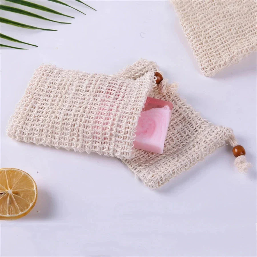 Natural sisal soap bag with exfoliating texture, designed to elevate your bathing routine with gentle exfoliation and improved soap lather.