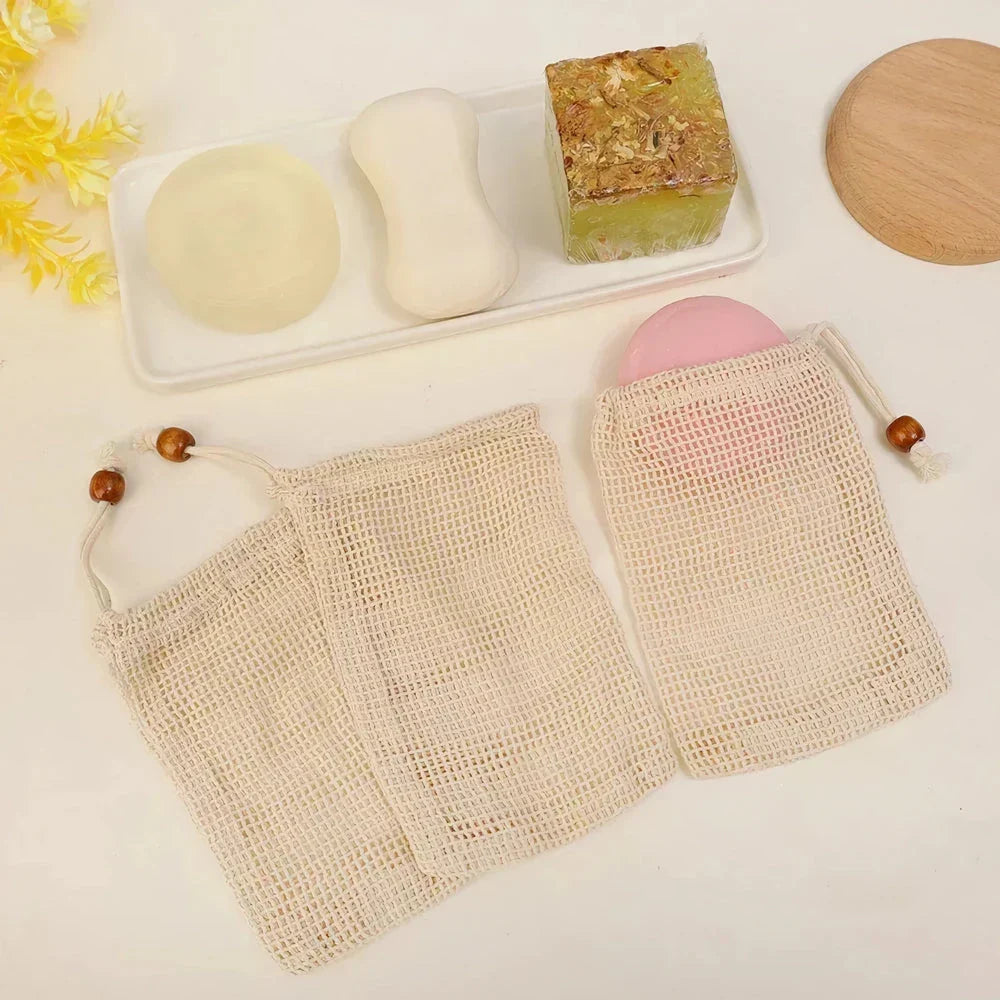 Natural sisal soap bag with exfoliating texture, designed to elevate your bathing routine with gentle exfoliation and improved soap lather.