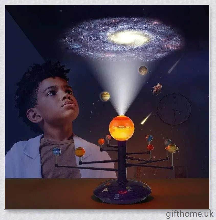 Colourful solar system sky projector with adjustable arms displaying planets and sun