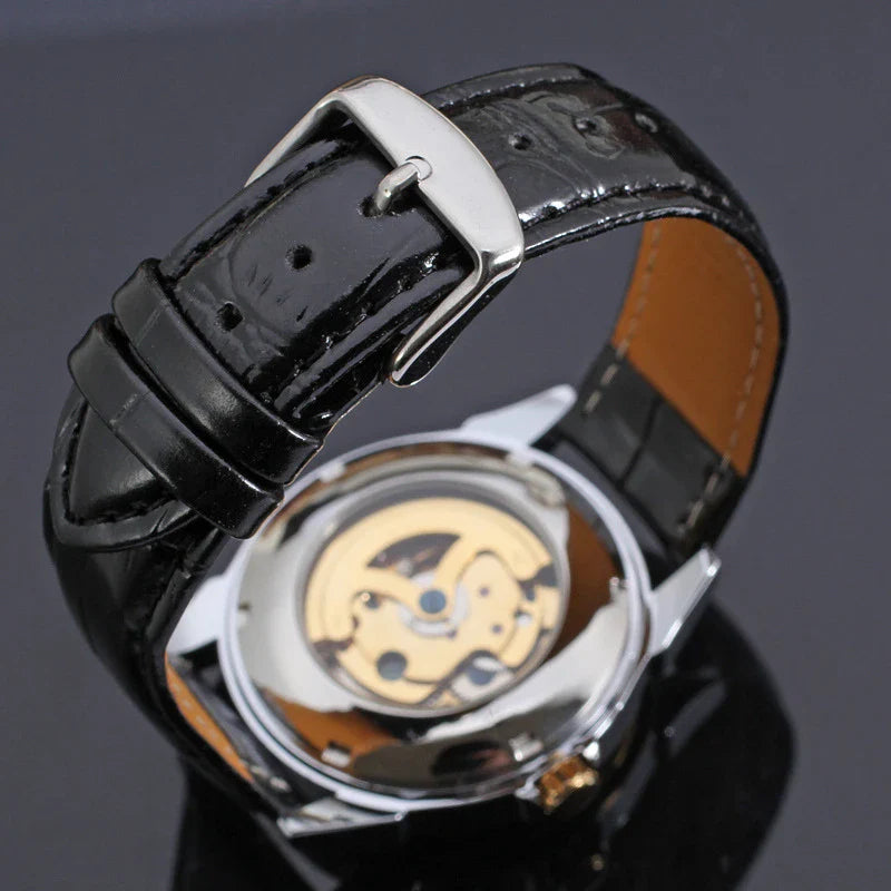 Hollow Automatic Mechanical Watch with stainless steel case, transparent case back, and elegant design