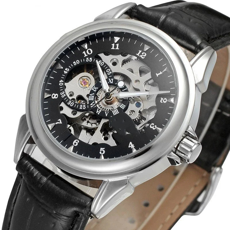 Hollow Automatic Mechanical Watch with stainless steel case, transparent case back, and elegant design
