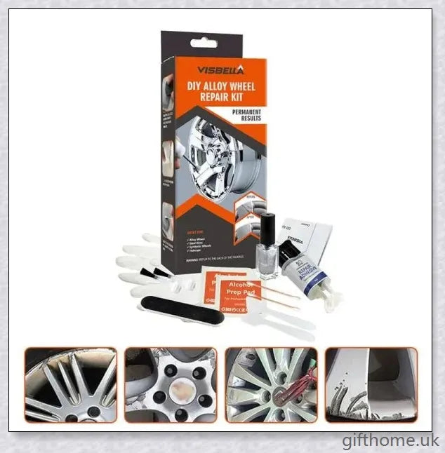 A car wheel repair kit containing adhesive, paint, sandpaper, and other tools to fix damage on alloy or steel rims.
