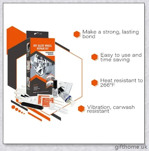 A car wheel repair kit containing adhesive, paint, sandpaper, and other tools to fix damage on alloy or steel rims.