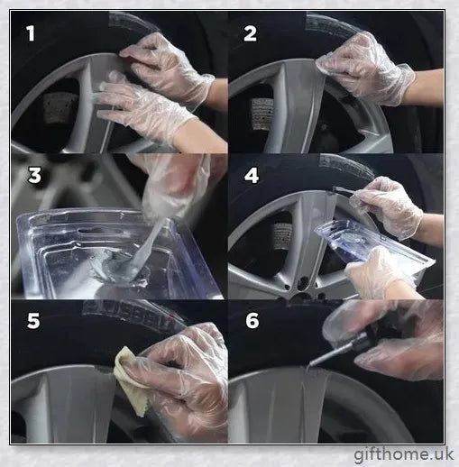 A car wheel repair kit containing adhesive, paint, sandpaper, and other tools to fix damage on alloy or steel rims.