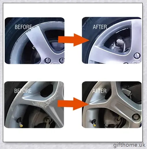A car wheel repair kit containing adhesive, paint, sandpaper, and other tools to fix damage on alloy or steel rims.