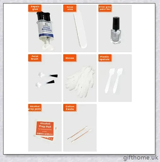 A car wheel repair kit containing adhesive, paint, sandpaper, and other tools to fix damage on alloy or steel rims.