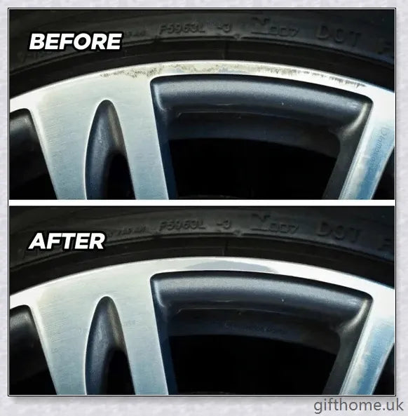 A car wheel repair kit containing adhesive, paint, sandpaper, and other tools to fix damage on alloy or steel rims.