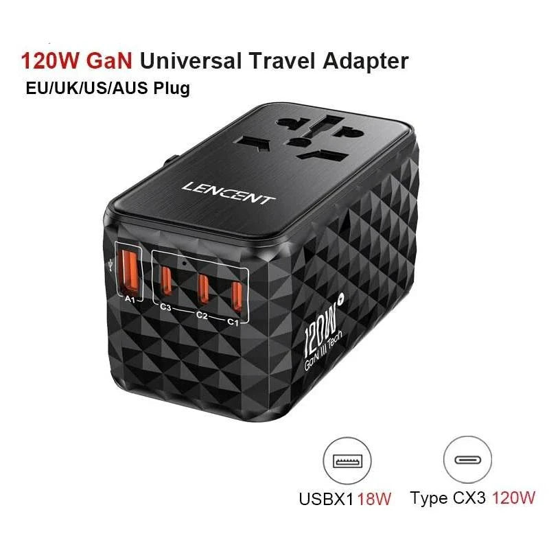 120W Universal GaN Fast Charger with Multi-Region Travel Adapter - Compact, Portable, and Powerful Charging Solution for Globetrotters