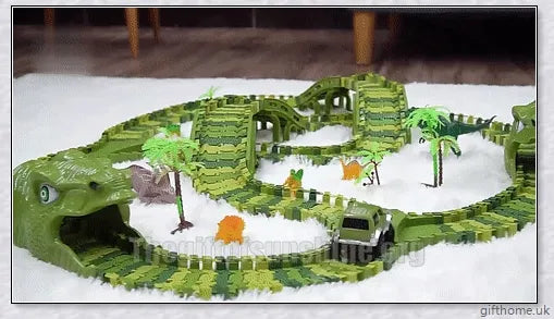 Dinosaur Railway Track with electric toy cars, flexible and customisable for endless prehistoric-themed play