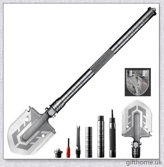 Portable tactical military folding shovel with 23-in-1 multi-tool functionality, for outdoor survival and emergency preparedness