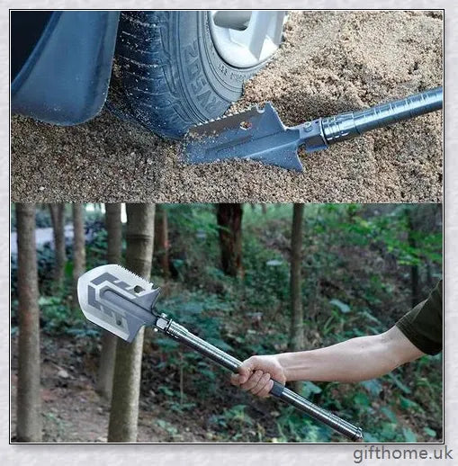 Portable tactical military folding shovel with 23-in-1 multi-tool functionality, for outdoor survival and emergency preparedness