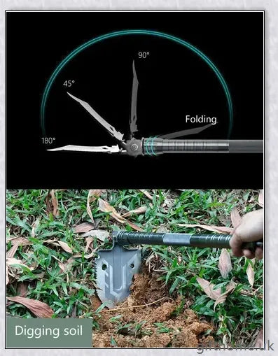 Portable tactical military folding shovel with 23-in-1 multi-tool functionality, for outdoor survival and emergency preparedness