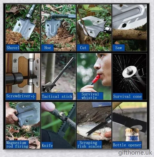 Portable tactical military folding shovel with 23-in-1 multi-tool functionality, for outdoor survival and emergency preparedness