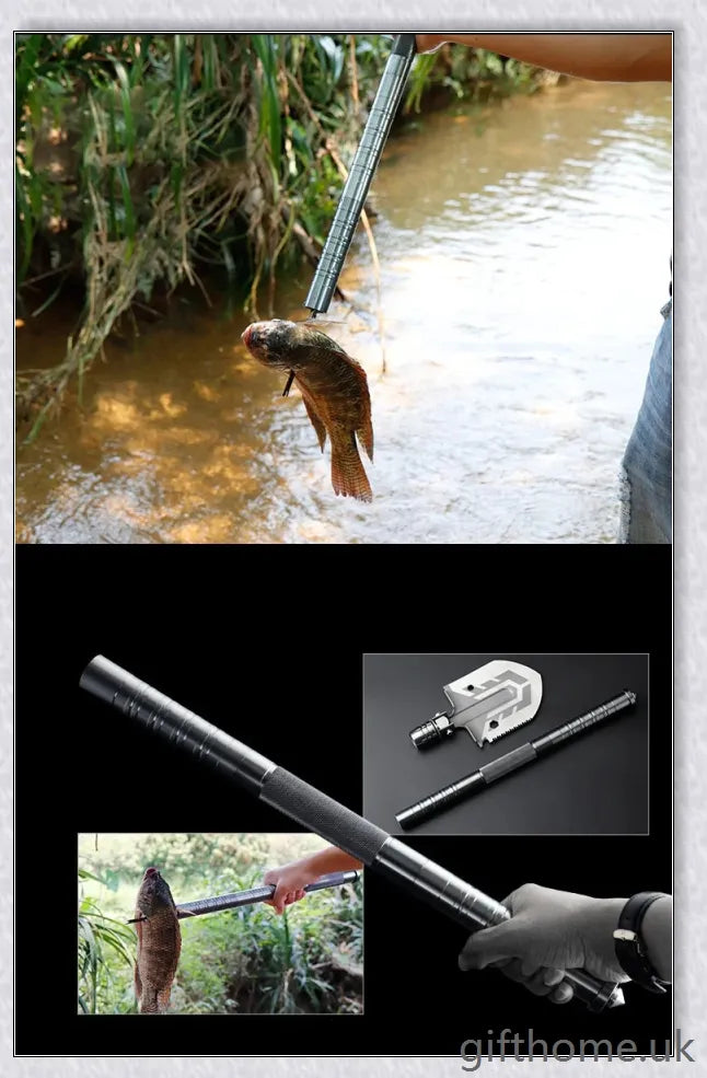 Portable tactical military folding shovel with 23-in-1 multi-tool functionality, for outdoor survival and emergency preparedness