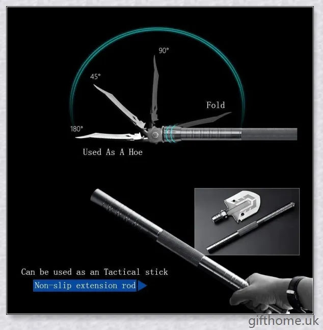 Portable tactical military folding shovel with 23-in-1 multi-tool functionality, for outdoor survival and emergency preparedness