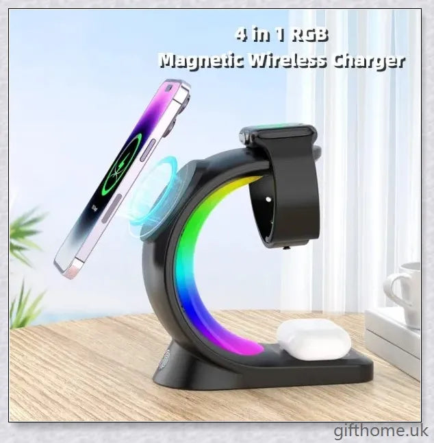 4-in-1 Magnetic Wireless Charger with fast charging, RGB lighting, and foreign object detection for smart devices