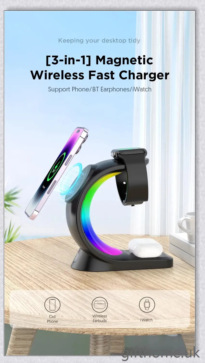 4-in-1 Magnetic Wireless Charger with fast charging, RGB lighting, and foreign object detection for smart devices