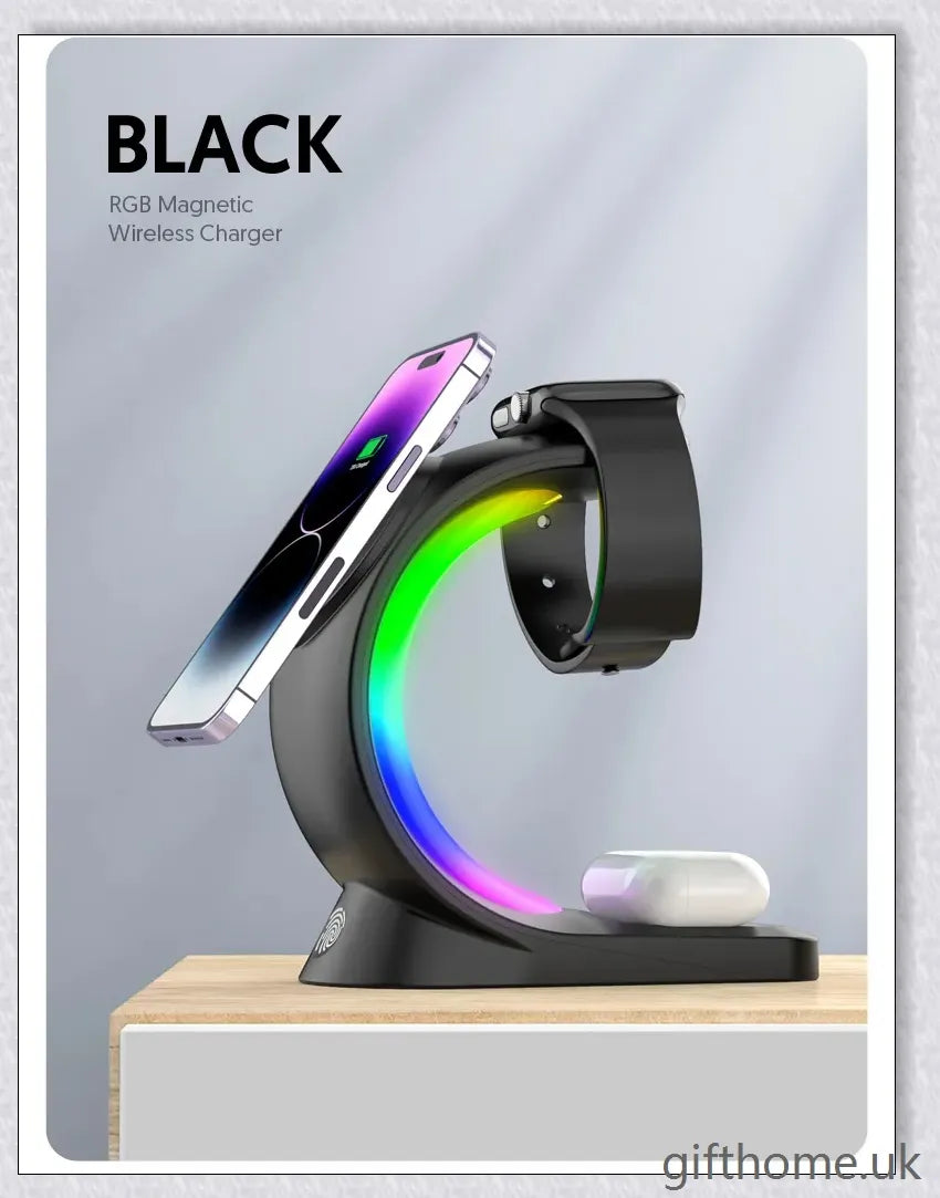 4-in-1 Magnetic Wireless Charger with fast charging, RGB lighting, and foreign object detection for smart devices