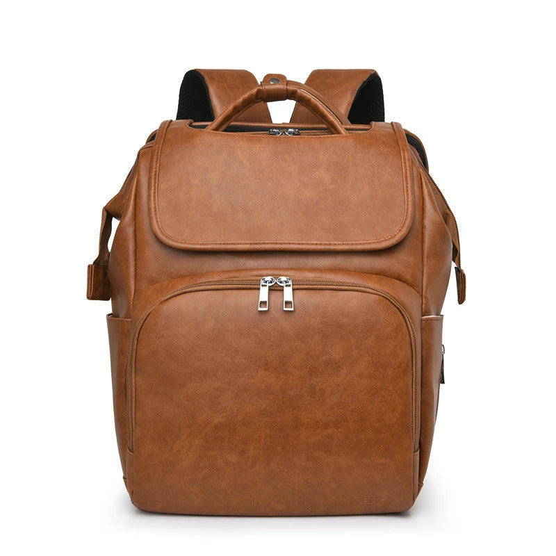 PU Leather Diaper Bag Backpack in Black, featuring side pocket, anti-theft compartment, and stroller straps