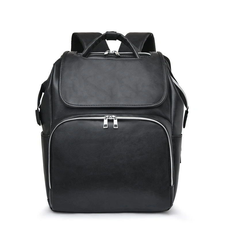 PU Leather Diaper Bag Backpack in Black, featuring side pocket, anti-theft compartment, and stroller straps