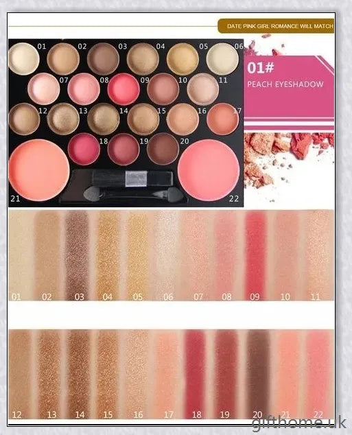 A premium 22-colour eyeshadow and glitter palette set with a wide range of shades for flawless, long-lasting makeup looks