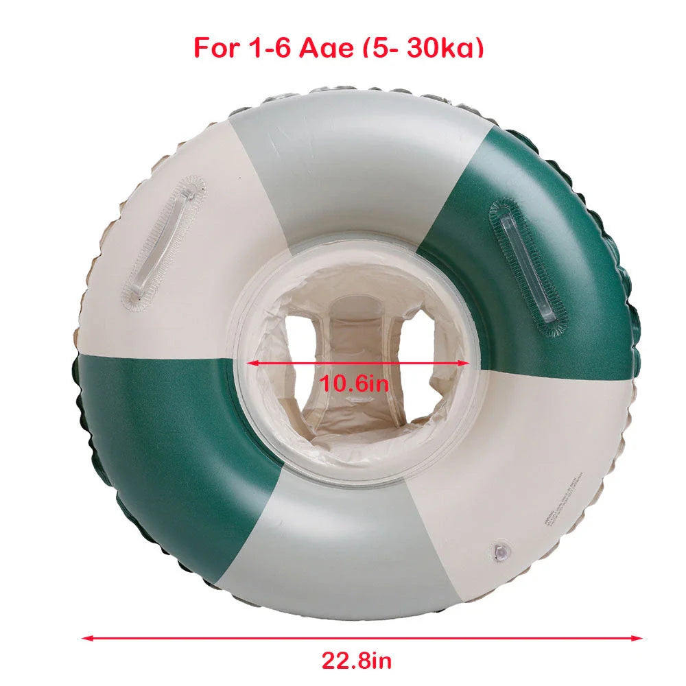 A green inflatable swim ring with a cotton pocket seat, designed for safe and enjoyable water play for children aged 1-5 years.