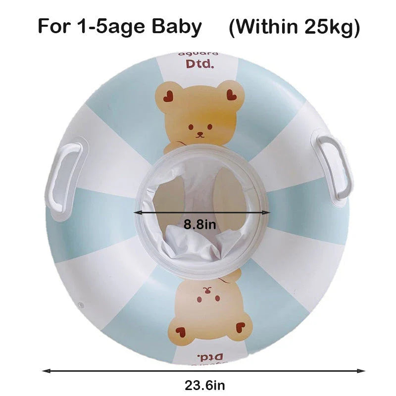 A green inflatable swim ring with a cotton pocket seat, designed for safe and enjoyable water play for children aged 1-5 years.