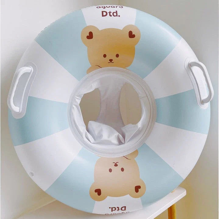A green inflatable swim ring with a cotton pocket seat, designed for safe and enjoyable water play for children aged 1-5 years.
