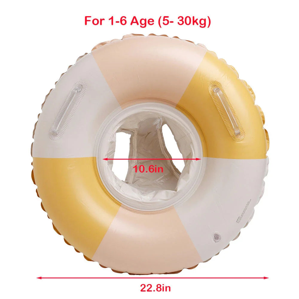 A green inflatable swim ring with a cotton pocket seat, designed for safe and enjoyable water play for children aged 1-5 years.