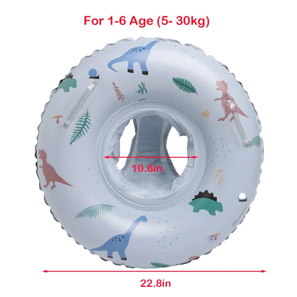 A green inflatable swim ring with a cotton pocket seat, designed for safe and enjoyable water play for children aged 1-5 years.