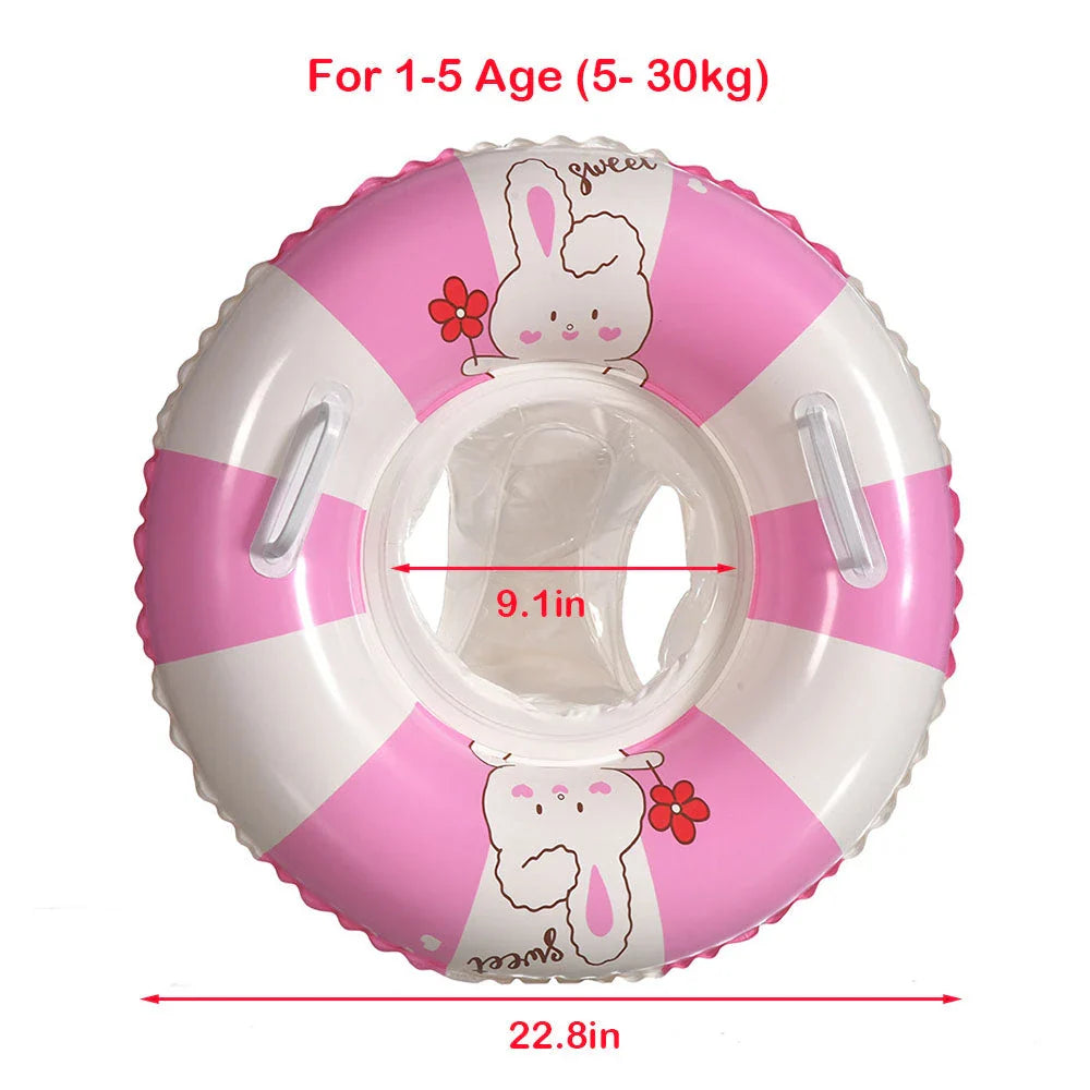 A green inflatable swim ring with a cotton pocket seat, designed for safe and enjoyable water play for children aged 1-5 years.