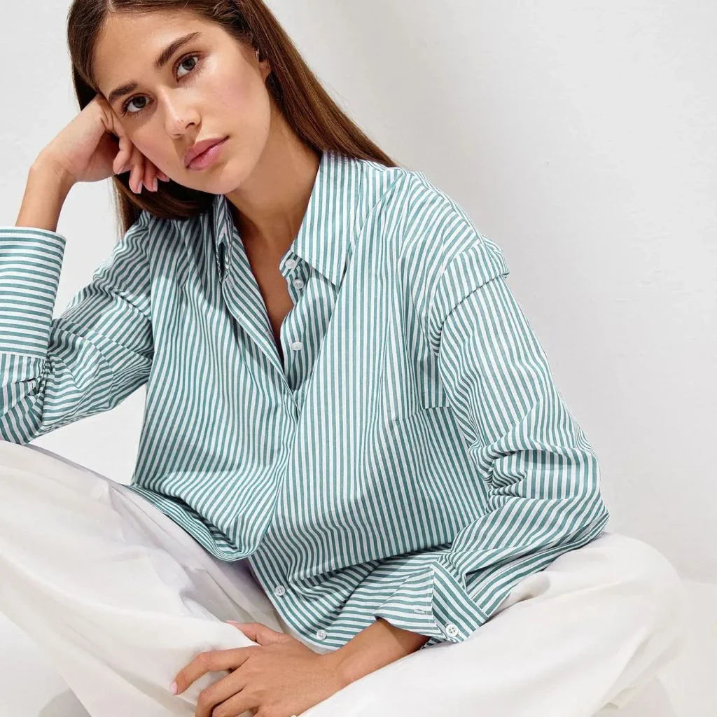 Autumn Chic Casual Striped Cotton Blouse with Lace-Up Detail - Comfortable and Stylish British Fashion