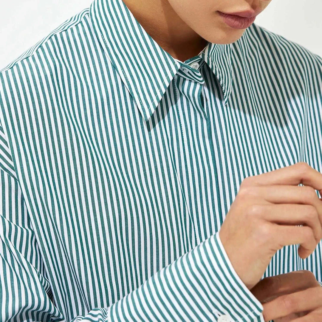 Autumn Chic Casual Striped Cotton Blouse with Lace-Up Detail - Comfortable and Stylish British Fashion