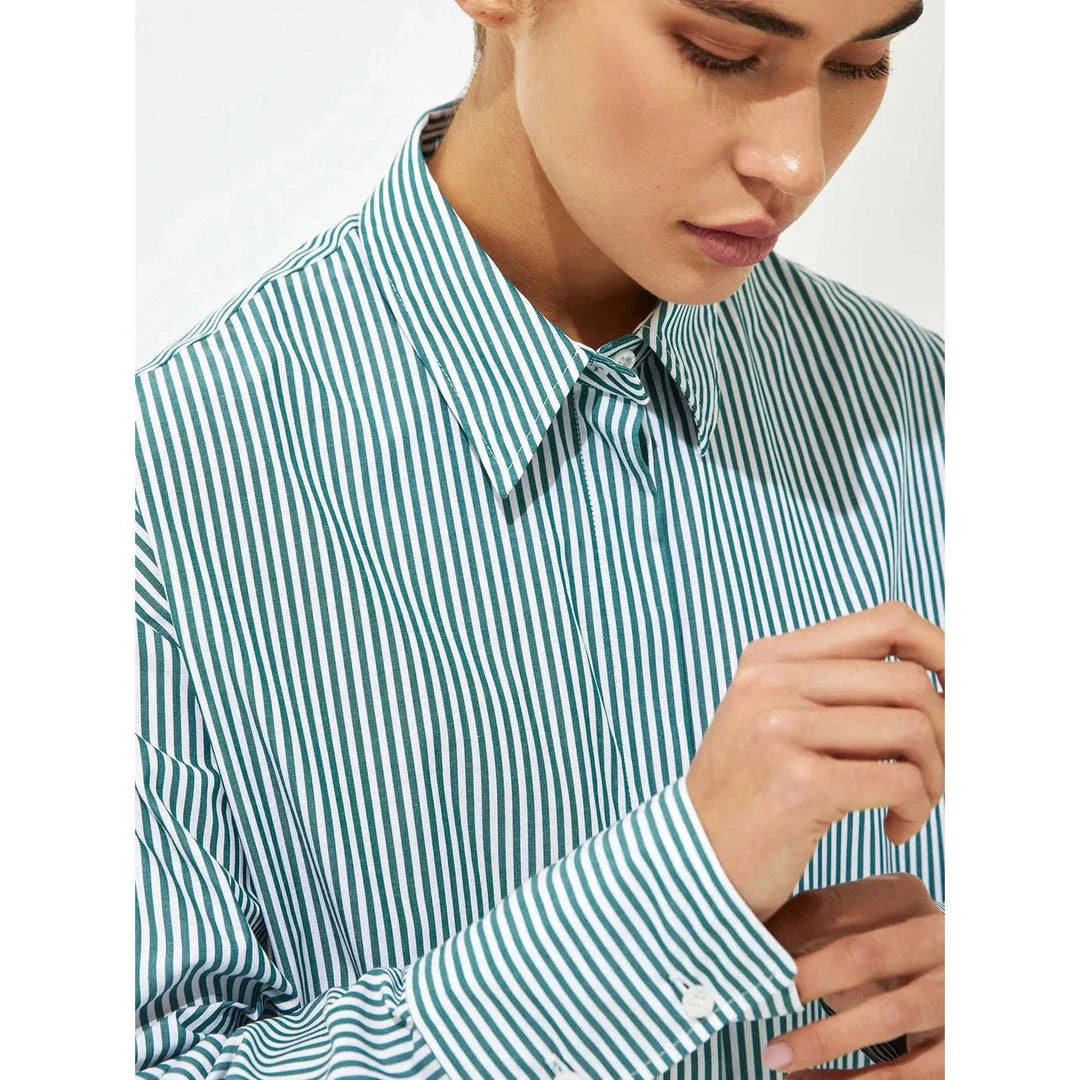 Autumn Chic Casual Striped Cotton Blouse with Lace-Up Detail - Comfortable and Stylish British Fashion